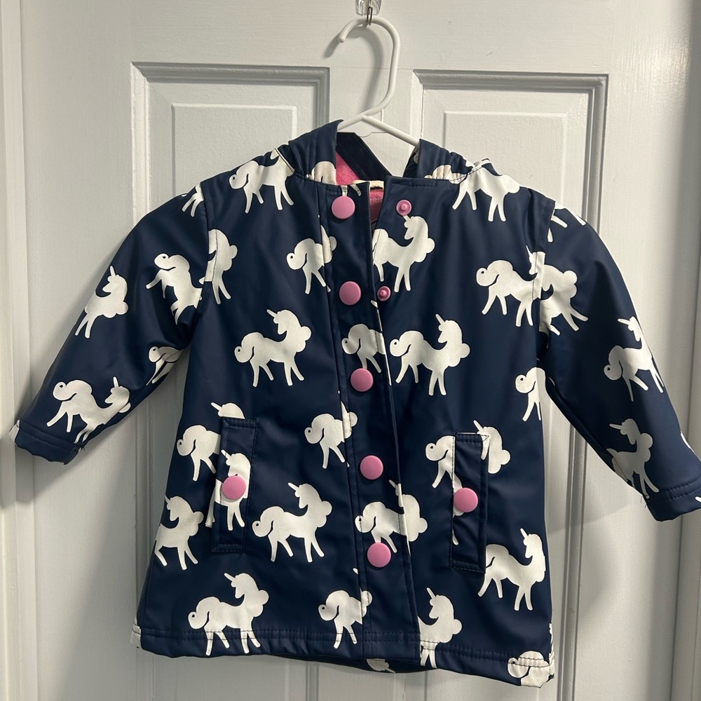Hatley Navy Unicorn Raincoat with Pink Lining and Buttons